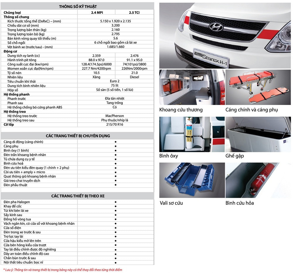 thông số kỹ thuật trên xe cấp cứu Hyundai Starex
