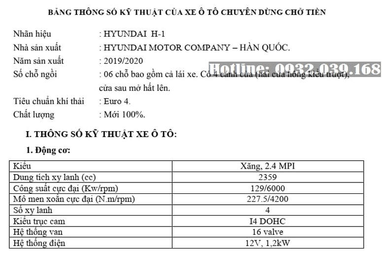 Bảng thông số kỹ thuật xe chở tiền Hyundai